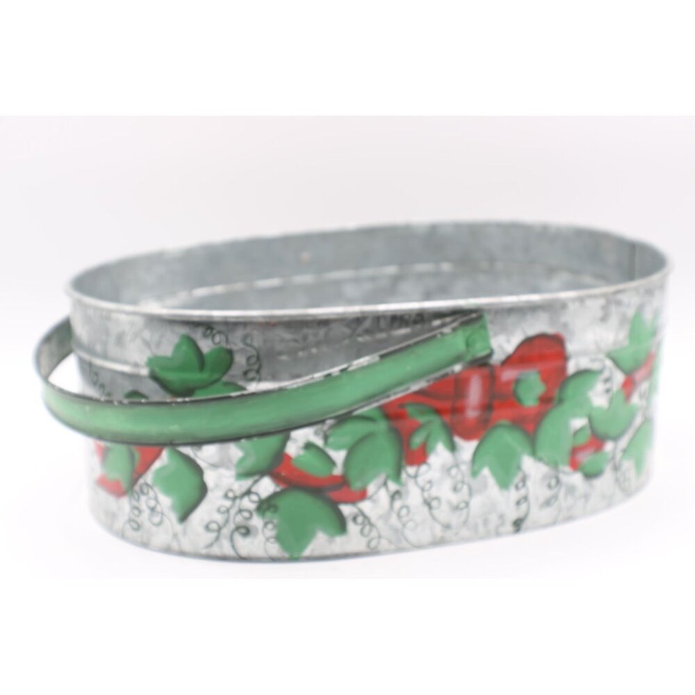 Hand-Painted Galvanized Tin Basket Handle Red Green Floral Design Decor Vintage - Picture 3 of 8